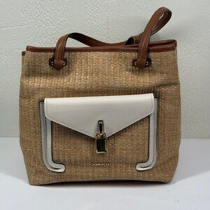 Calvin Klein Natural Straw & Brown White Leather Trim Tote Bag Canvas Raffia
